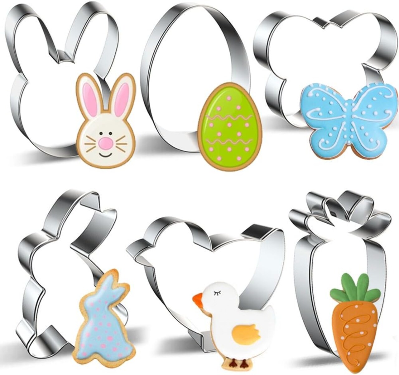 Easter Cookie Cutters Large Set of 6 - Egg, Chick, Carrot, Rabbit, Bunny Face, Butterfly Shapes - Stainless Steel Biscuit Molds for Spring Holiday Baking